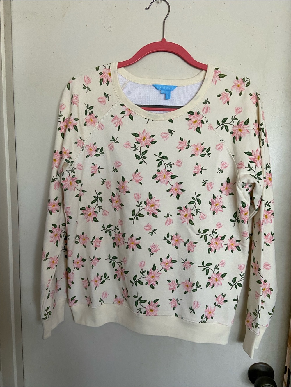 Draper James Cream Crewneck Sweater with Pink Floral Print
